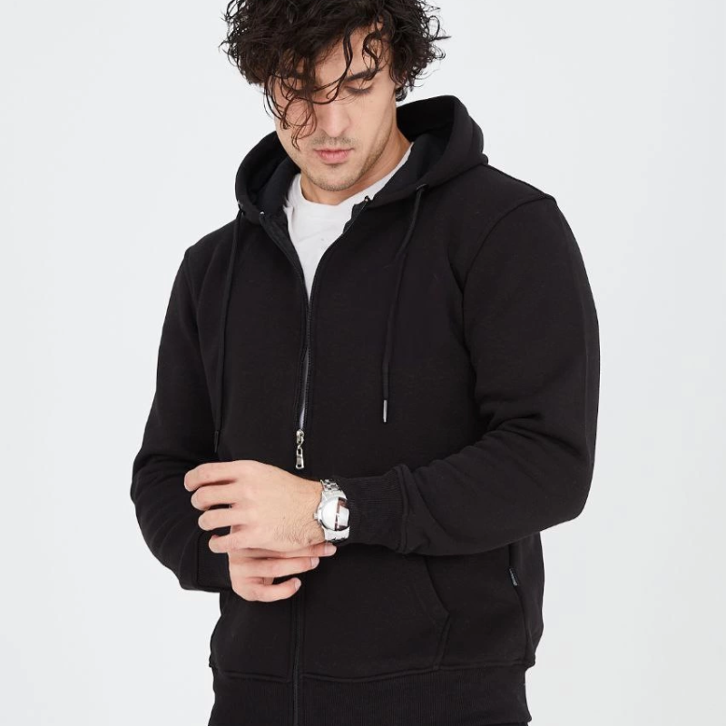 Tam Fermuarlı Kapşonlu  SweatShirt - Siyah -